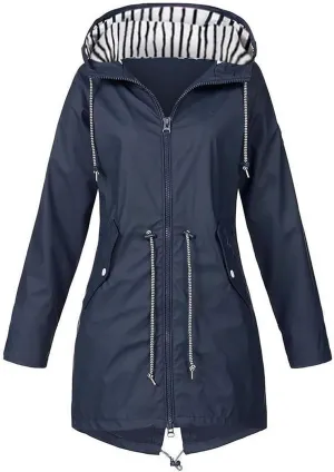 Trench Coat Women Mid Length Zip Up Windproof Rain Jacket Hooded Drawstring Waterproof Jacket with Zipper Pockets