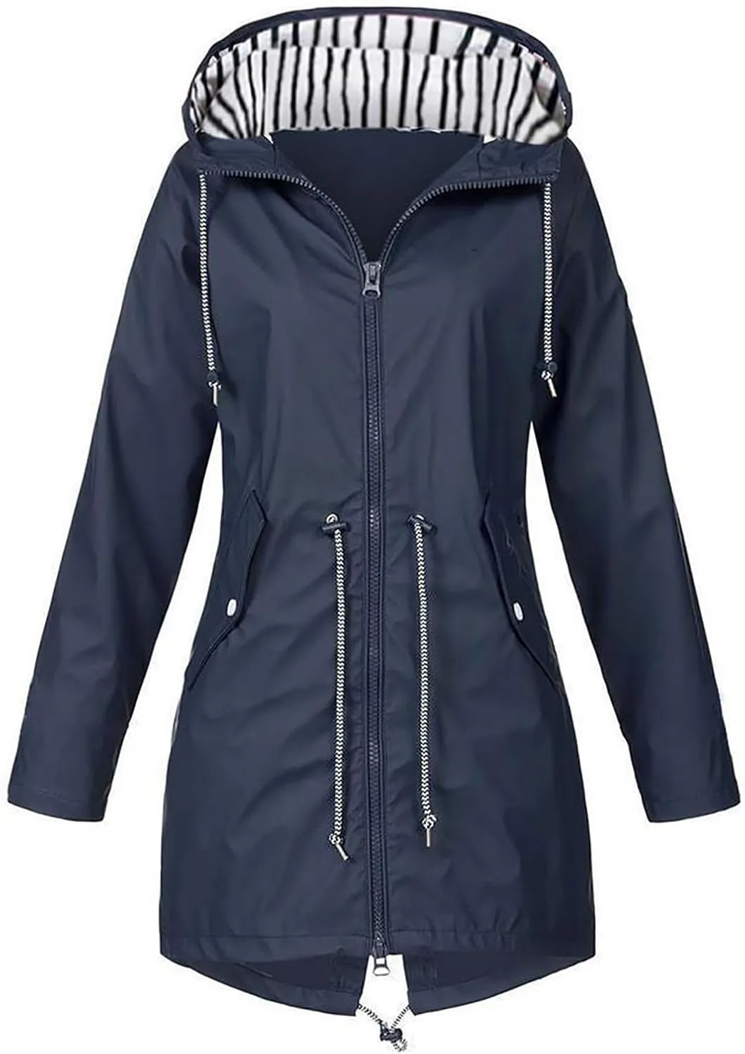 Trench Coat Women Mid Length Zip Up Windproof Rain Jacket Hooded Drawstring Waterproof Jacket with Zipper Pockets