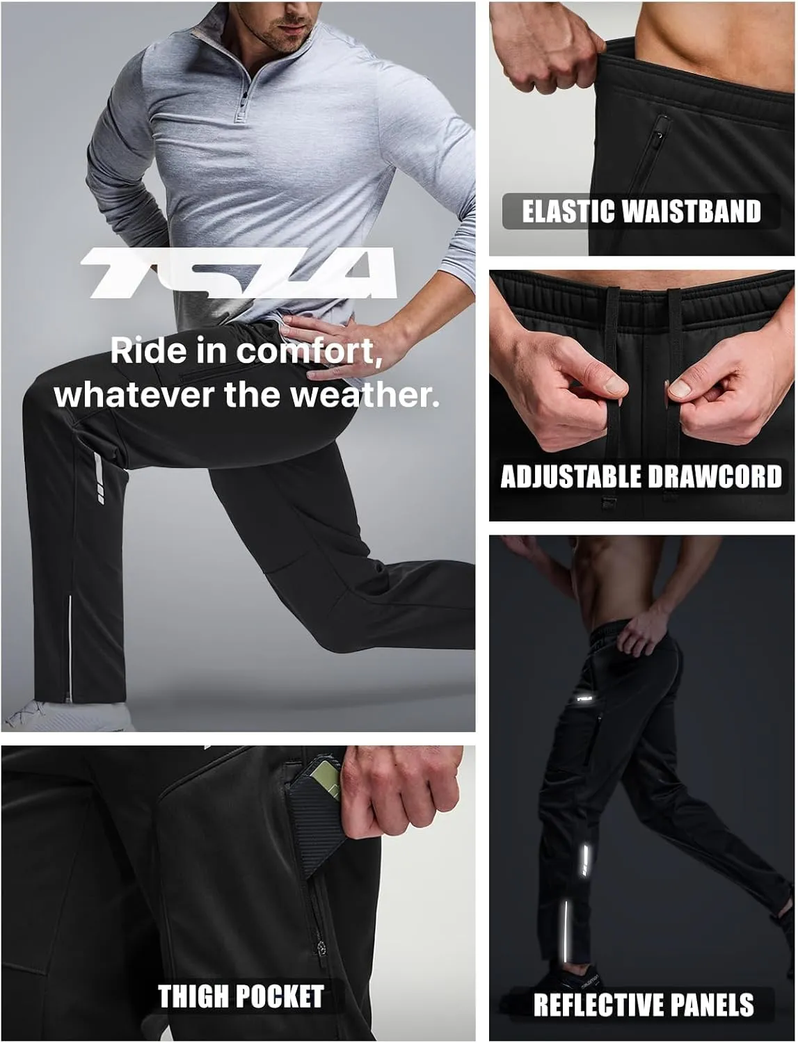TSLA Men's Thermal Fleece Lined Cycling Pants, Windproof Winter Running Bike Pants for Cold Weather