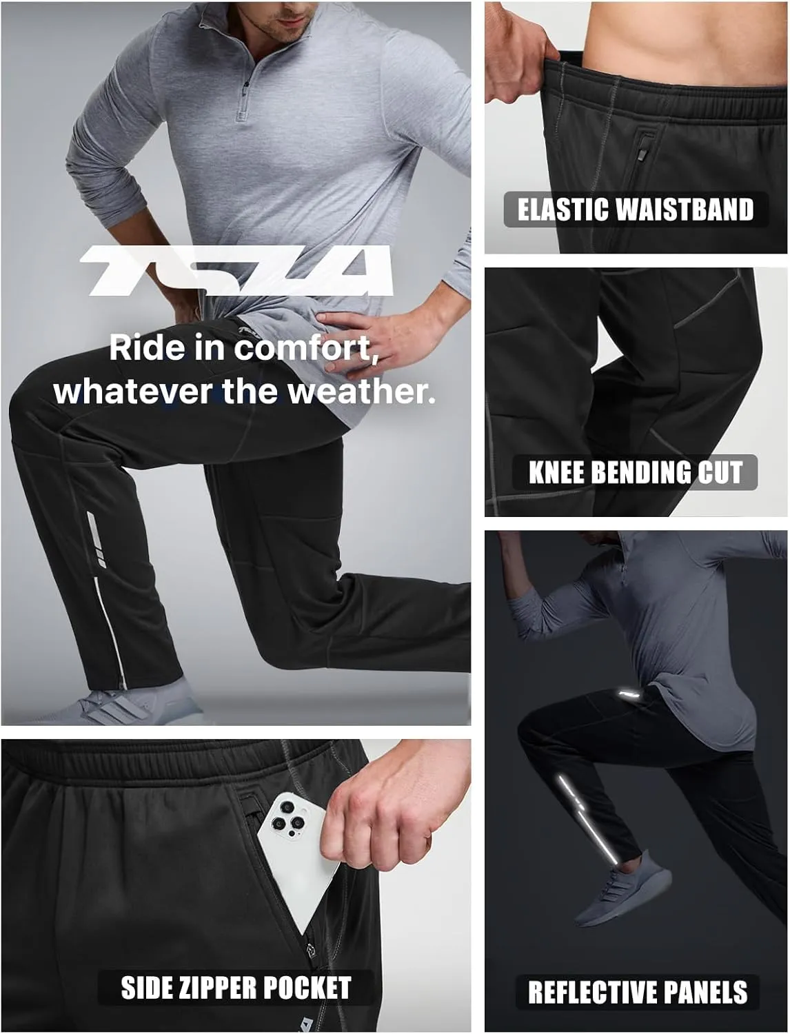 TSLA Men's Thermal Fleece Lined Cycling Pants, Windproof Winter Running Bike Pants for Cold Weather