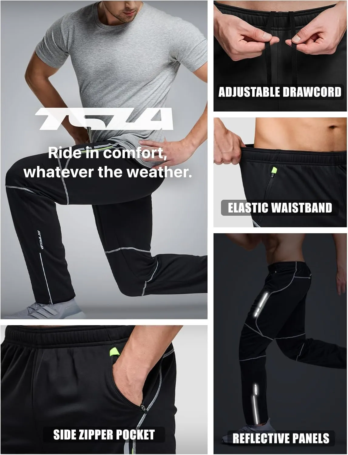 TSLA Men's Thermal Fleece Lined Cycling Pants, Windproof Winter Running Bike Pants for Cold Weather