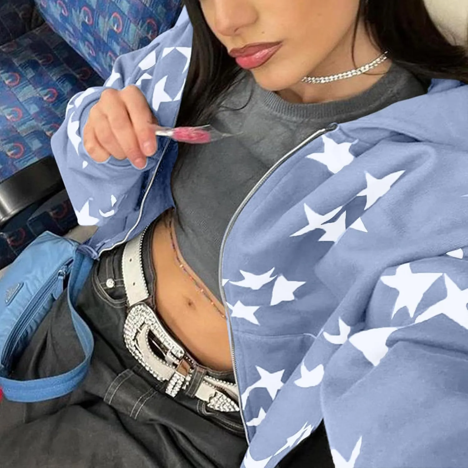 Tuislay Women Star Graphic Zip Up Hoodies Y2k for Teen Girls Oversized Streetwear E-Girl 90s Baggy Grunge Sweatshirt Jacket