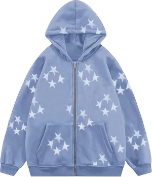 Tuislay Women Star Graphic Zip Up Hoodies Y2k for Teen Girls Oversized Streetwear E-Girl 90s Baggy Grunge Sweatshirt Jacket