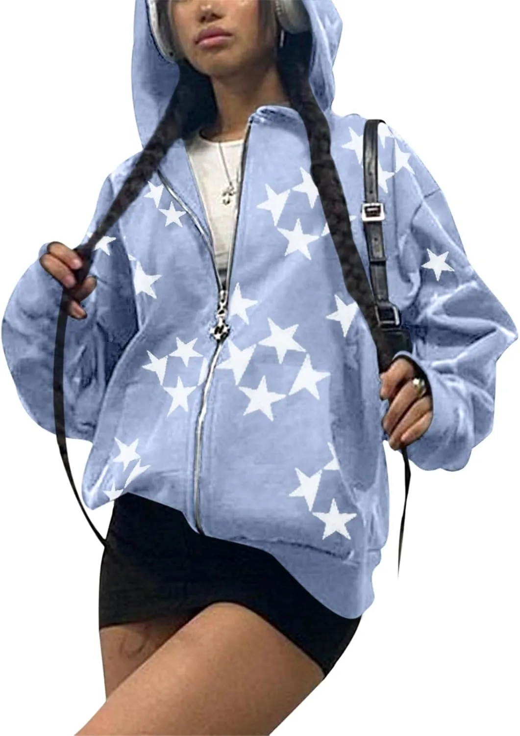 Tuislay Women Star Graphic Zip Up Hoodies Y2k for Teen Girls Oversized Streetwear E-Girl 90s Baggy Grunge Sweatshirt Jacket