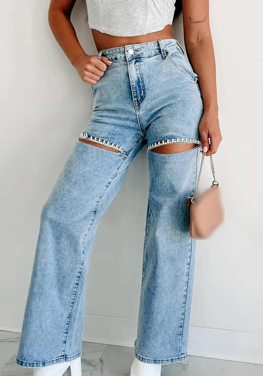 Unybwonn Women High Waist Baggy Ripped Jeans Rhinestone Trim Bling Denim Pants Y2k Straight Wide Leg Pants Streetwear