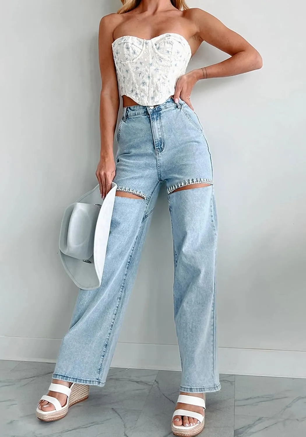 Unybwonn Women High Waist Baggy Ripped Jeans Rhinestone Trim Bling Denim Pants Y2k Straight Wide Leg Pants Streetwear