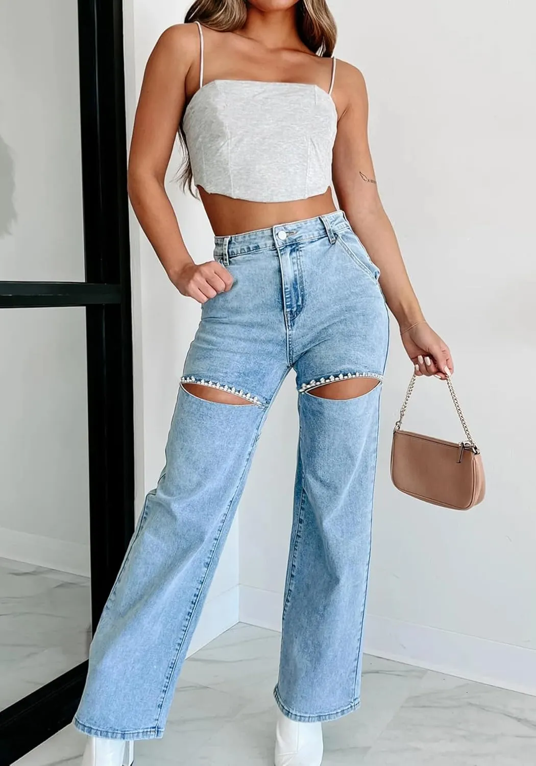 Unybwonn Women High Waist Baggy Ripped Jeans Rhinestone Trim Bling Denim Pants Y2k Straight Wide Leg Pants Streetwear