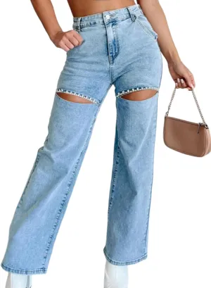 Unybwonn Women High Waist Baggy Ripped Jeans Rhinestone Trim Bling Denim Pants Y2k Straight Wide Leg Pants Streetwear