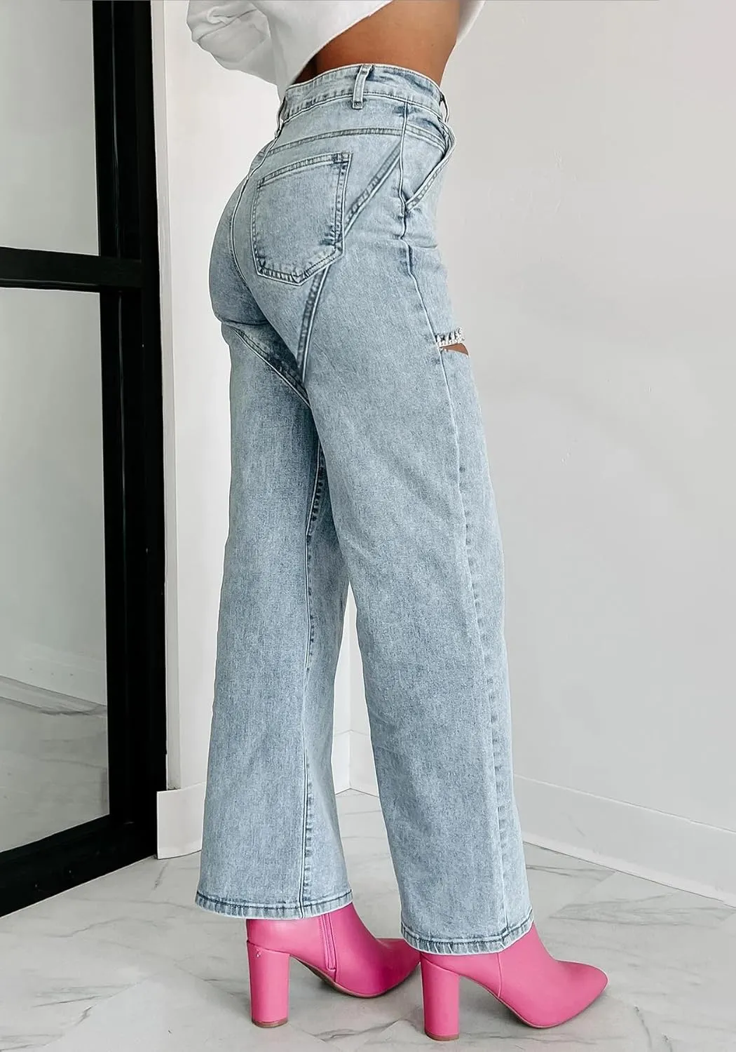 Unybwonn Women High Waist Baggy Ripped Jeans Rhinestone Trim Bling Denim Pants Y2k Straight Wide Leg Pants Streetwear