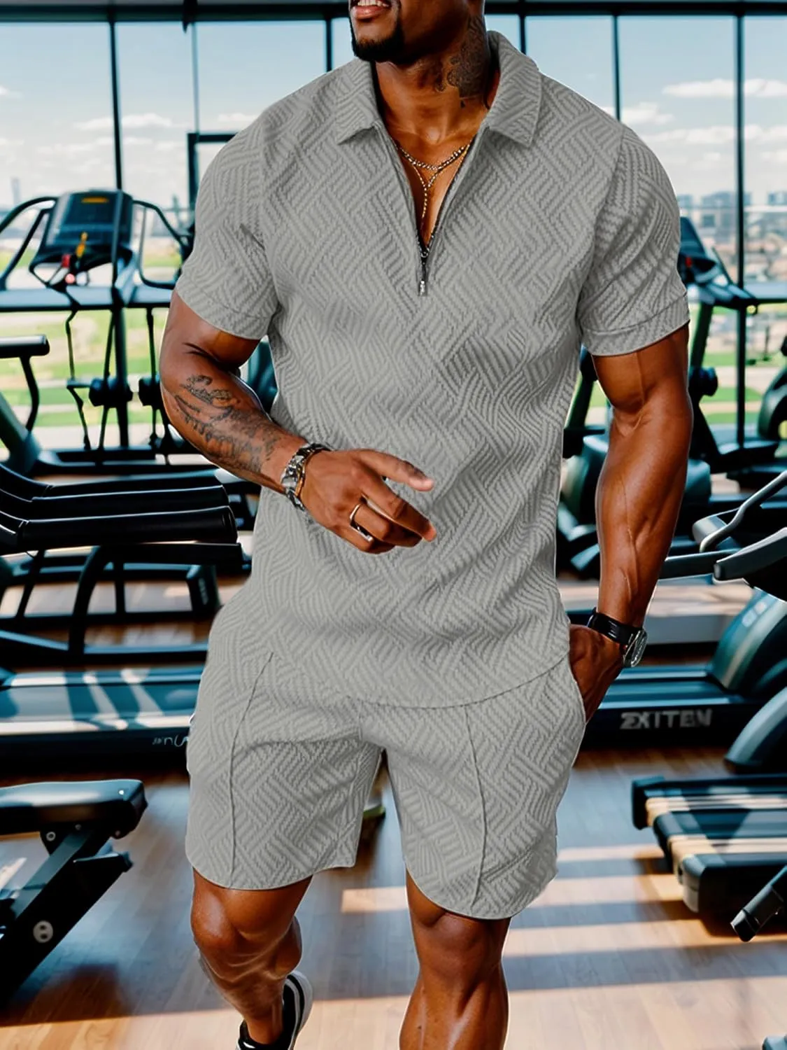 UOUA Mens Summer Track Suits 2 Piece Shorts Sets Short Sleeve Sweatsuit Outfits 1/4 Zip Golf Polo Shirts Loungewear