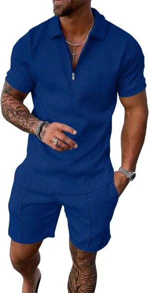UOUA Mens Summer Track Suits 2 Piece Shorts Sets Short Sleeve Sweatsuit Outfits 1/4 Zip Golf Polo Shirts Loungewear