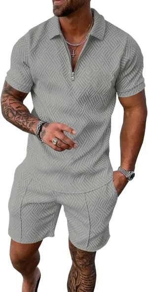 UOUA Mens Summer Track Suits 2 Piece Shorts Sets Short Sleeve Sweatsuit Outfits 1/4 Zip Golf Polo Shirts Loungewear