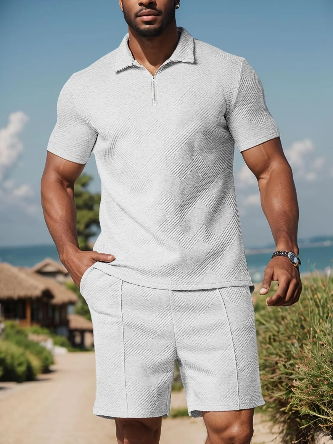 UOUA Mens Summer Track Suits 2 Piece Shorts Sets Short Sleeve Sweatsuit Outfits 1/4 Zip Golf Polo Shirts Loungewear