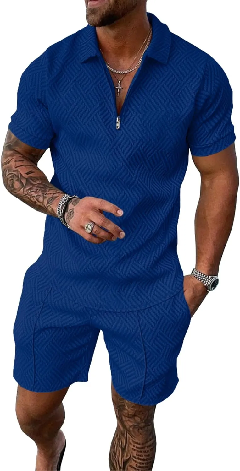 UOUA Mens Summer Track Suits 2 Piece Shorts Sets Short Sleeve Sweatsuit Outfits 1/4 Zip Golf Polo Shirts Loungewear