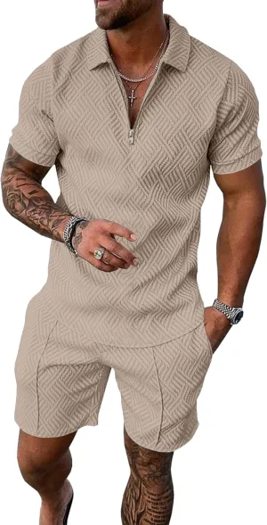 UOUA Mens Summer Track Suits 2 Piece Shorts Sets Short Sleeve Sweatsuit Outfits 1/4 Zip Golf Polo Shirts Loungewear