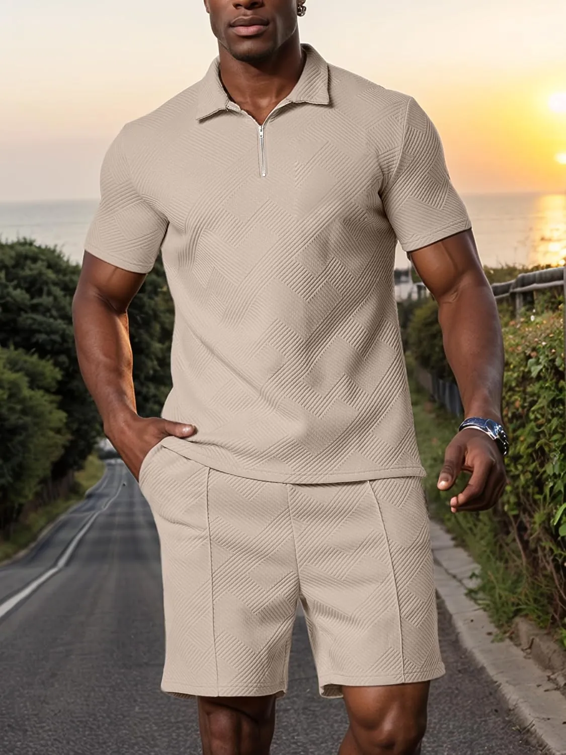 UOUA Mens Summer Track Suits 2 Piece Shorts Sets Short Sleeve Sweatsuit Outfits 1/4 Zip Golf Polo Shirts Loungewear