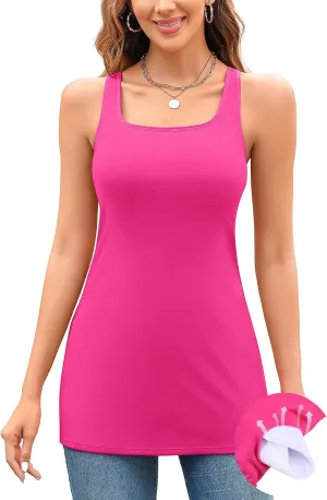 V FOR CITY Women's Long Tank Top with Built in Bras Square Neck Adjustable Wide Strap Camisole Summer Cotton Undershirts