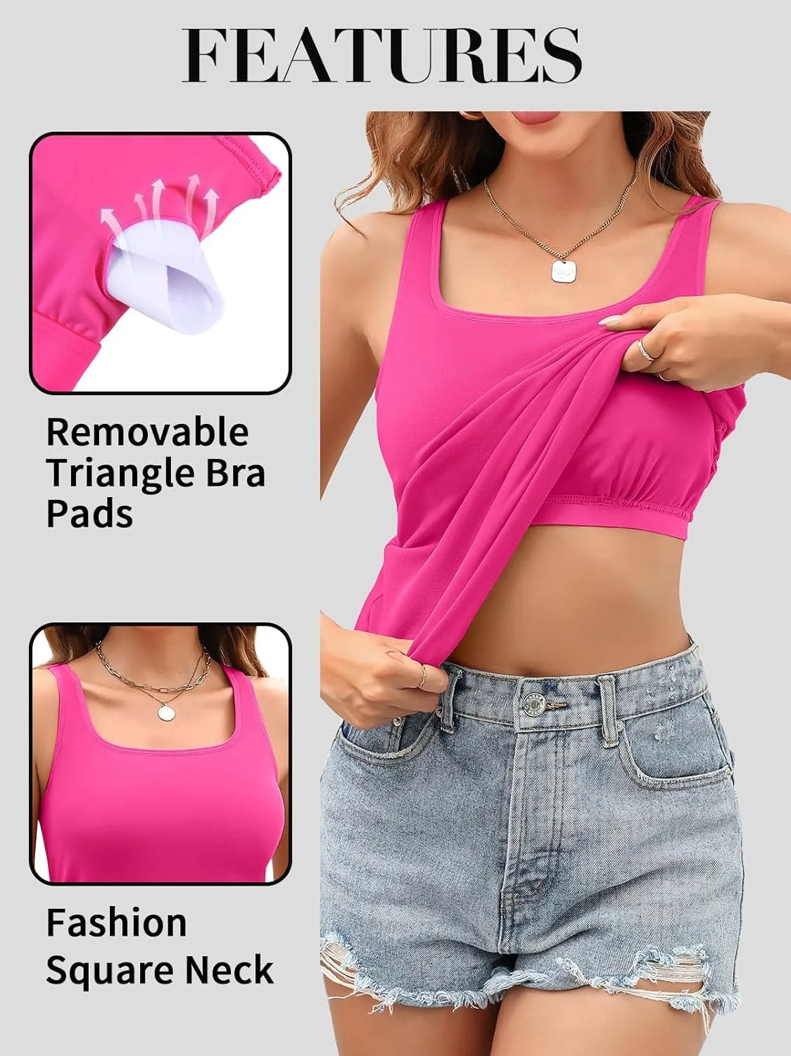V FOR CITY Women's Long Tank Top with Built in Bras Square Neck Adjustable Wide Strap Camisole Summer Cotton Undershirts