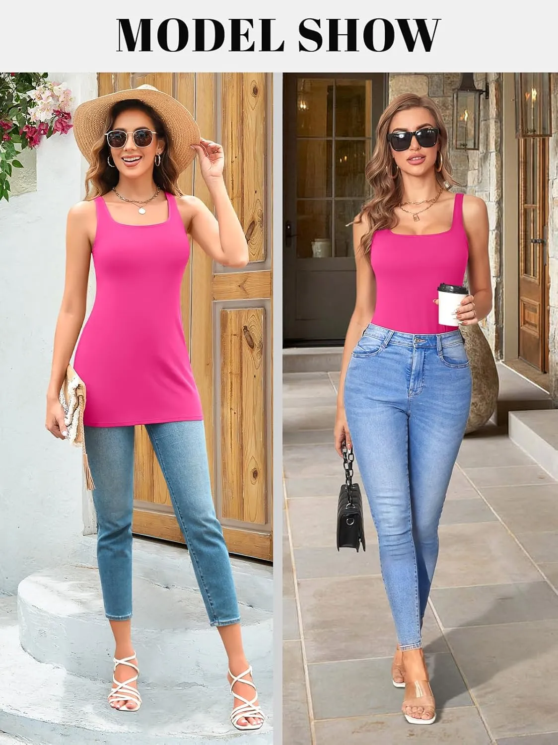 V FOR CITY Women's Long Tank Top with Built in Bras Square Neck Adjustable Wide Strap Camisole Summer Cotton Undershirts