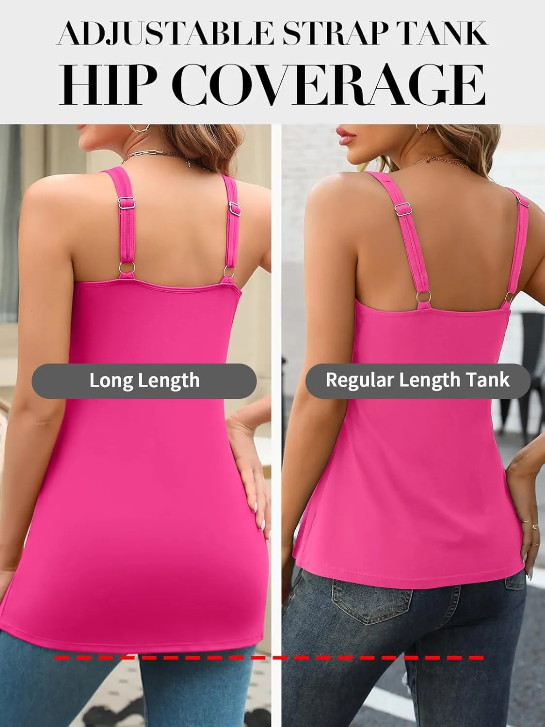 V FOR CITY Women's Long Tank Top with Built in Bras Square Neck Adjustable Wide Strap Camisole Summer Cotton Undershirts