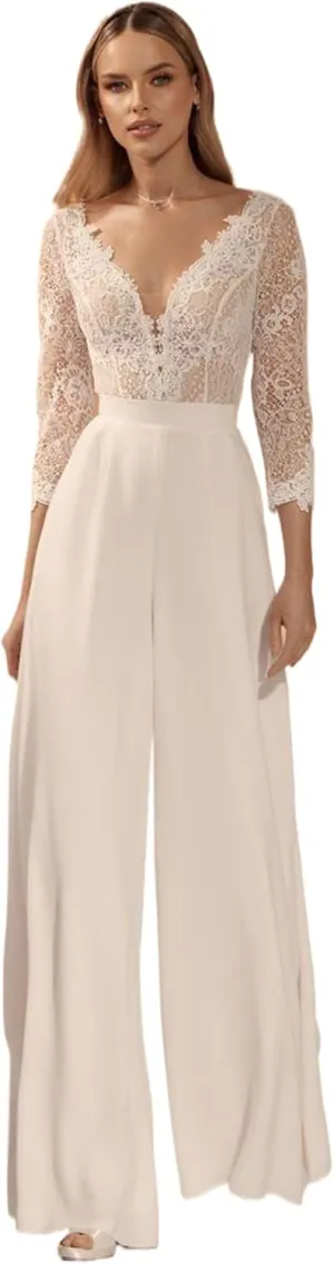 V-Neck 3/4 Sleeves Lace Bodice Wedding Bride Jumpsuits Chiffon Bridal Pants