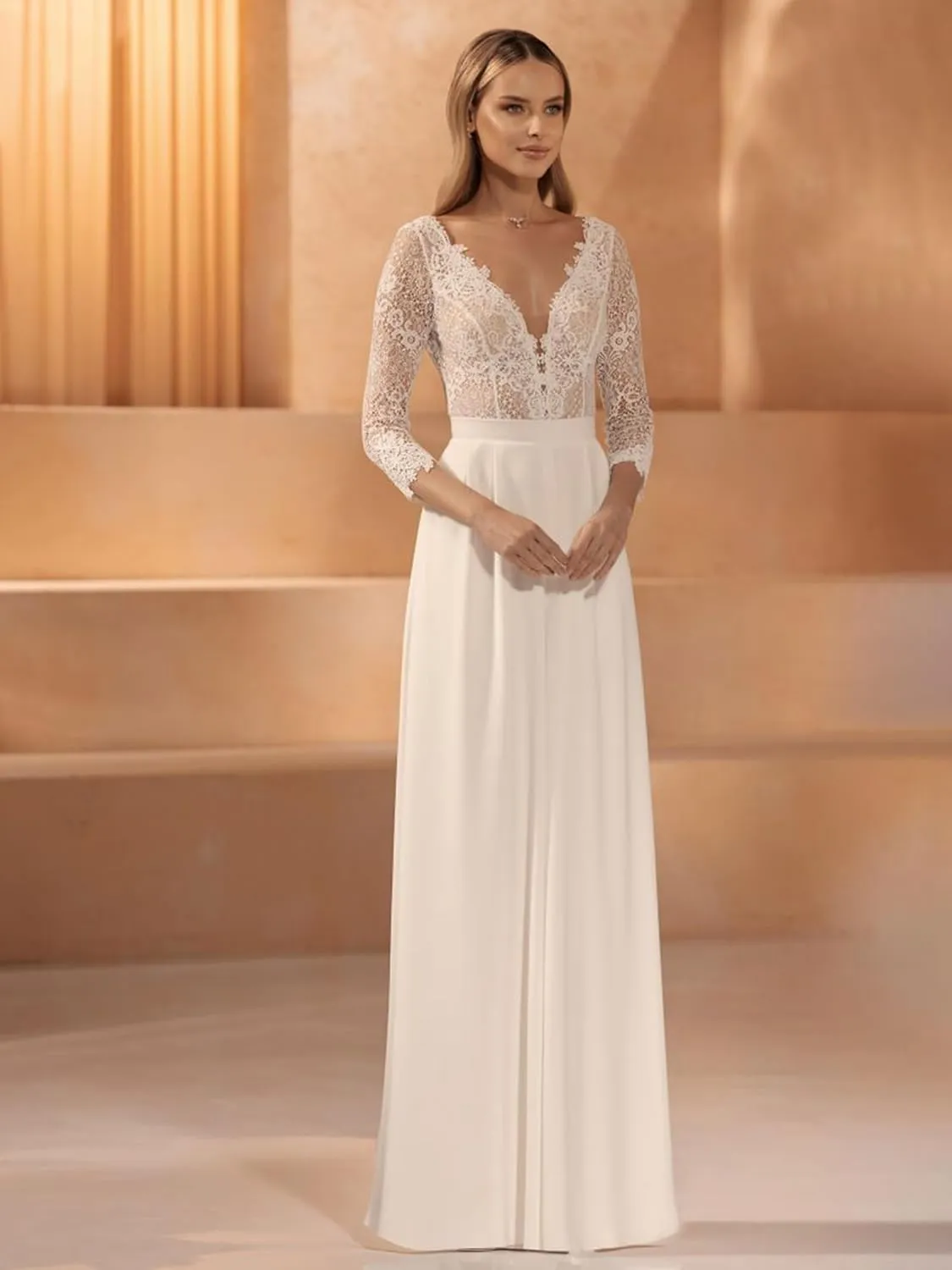 V-Neck 3/4 Sleeves Lace Bodice Wedding Bride Jumpsuits Chiffon Bridal Pants