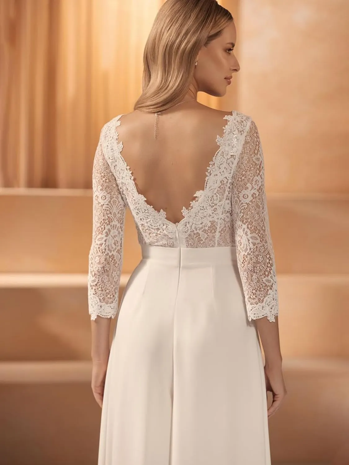 V-Neck 3/4 Sleeves Lace Bodice Wedding Bride Jumpsuits Chiffon Bridal Pants