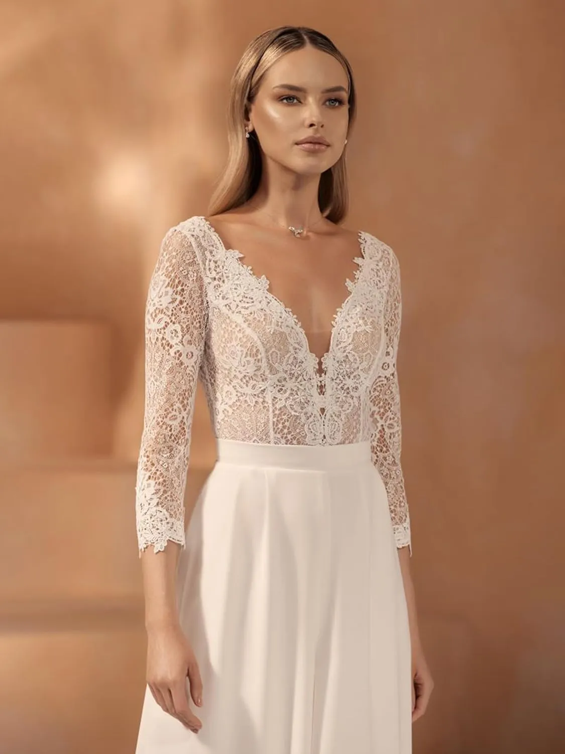 V-Neck 3/4 Sleeves Lace Bodice Wedding Bride Jumpsuits Chiffon Bridal Pants