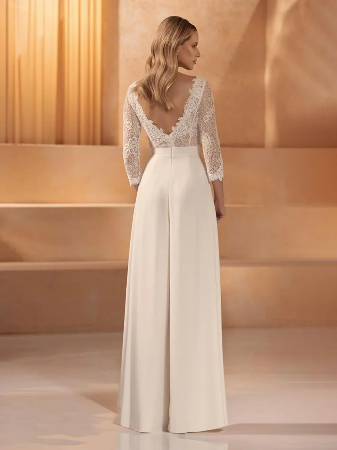 V-Neck 3/4 Sleeves Lace Bodice Wedding Bride Jumpsuits Chiffon Bridal Pants