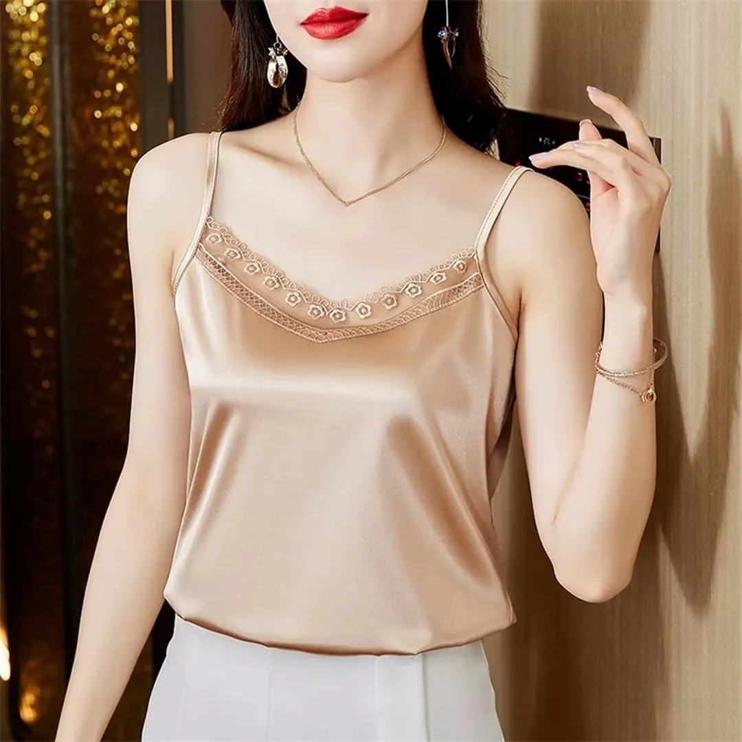 V-Neck Sexy Lace Sleeveless Suspended Tank Top Women Elegant Backless Casual Satin Camisole Vest Basic Clothing