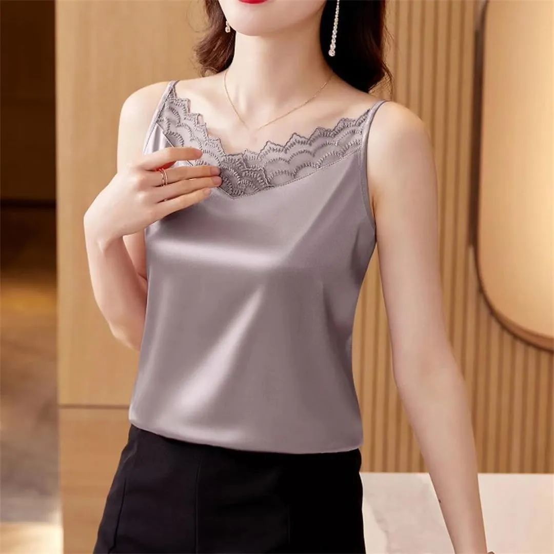 V-Neck Sexy Lace Sleeveless Suspended Tank Top Women Elegant Backless Casual Satin Camisole Vest Basic Clothing