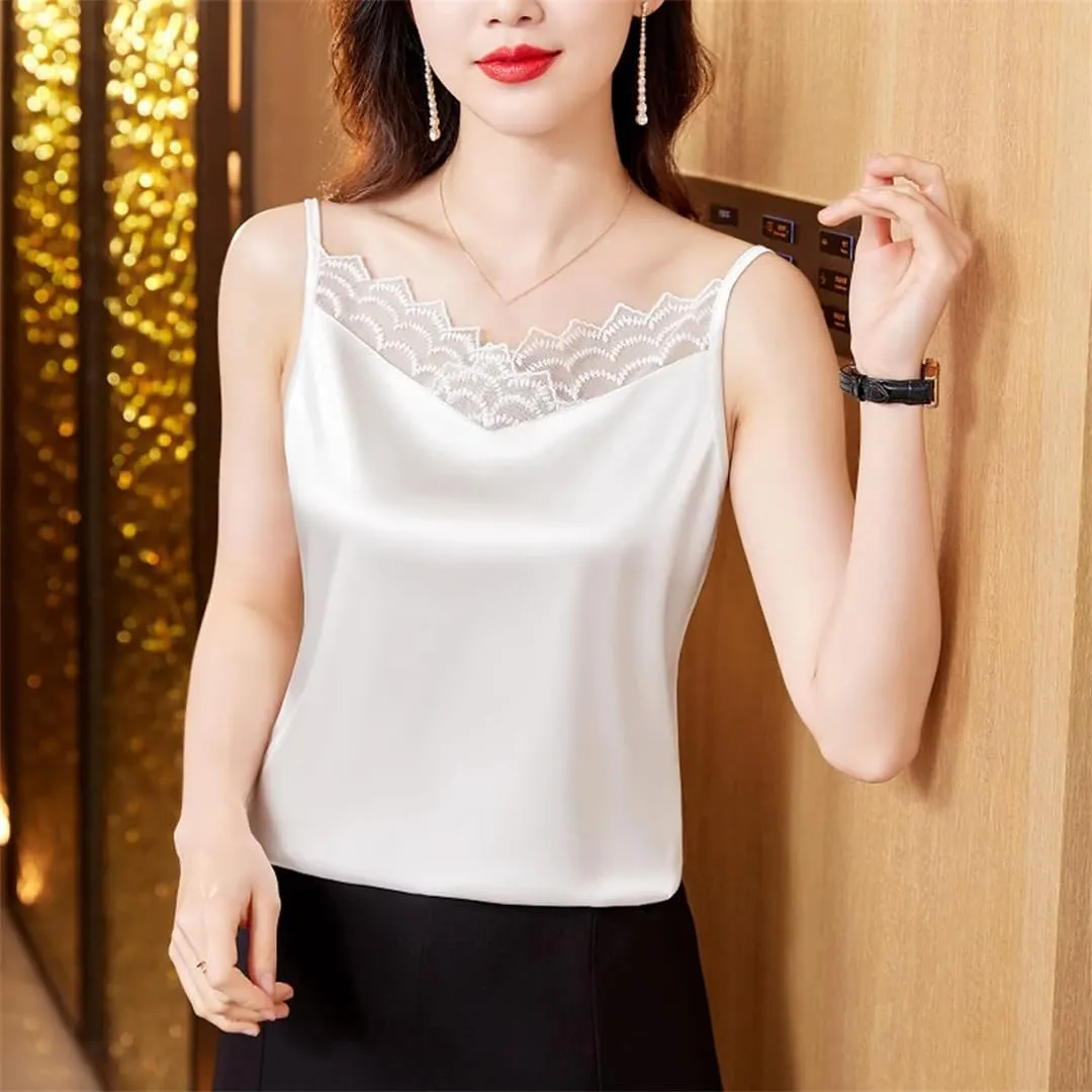 V-Neck Sexy Lace Sleeveless Suspended Tank Top Women Elegant Backless Casual Satin Camisole Vest Basic Clothing