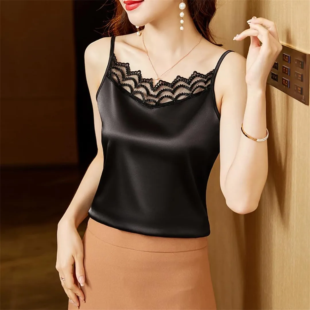 V-Neck Sexy Lace Sleeveless Suspended Tank Top Women Elegant Backless Casual Satin Camisole Vest Basic Clothing