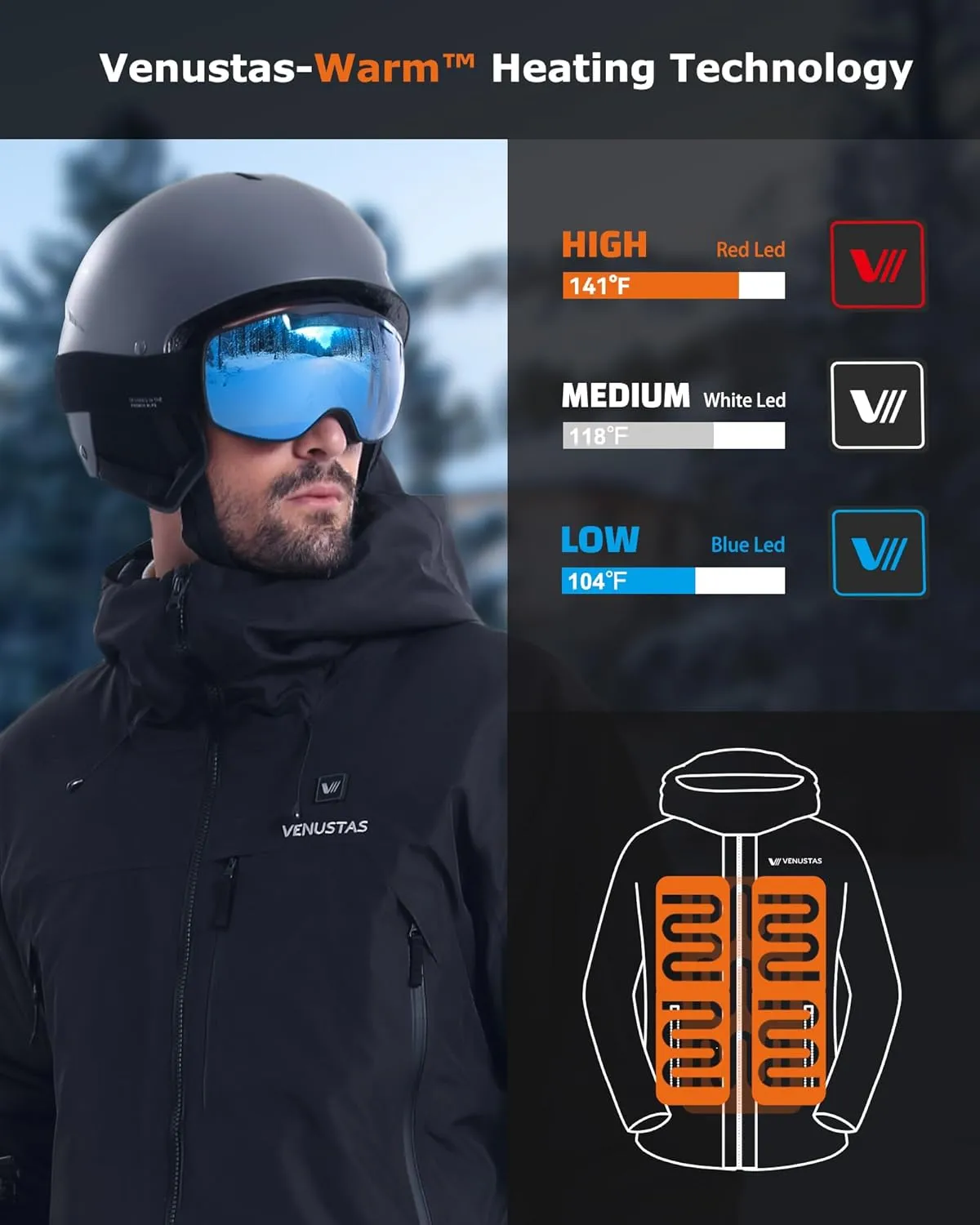 Venustas Men's Heated 3L Ski Insulated Jacket with 12V Battery, Waterproof, Windproof,Breathable, RECCO Reflector Built in