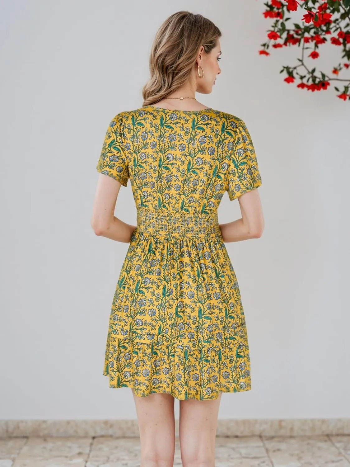 VETIOR Somerset Mini Dress Teens Friendly Womens Elastic Smocked Waist Henley Neck with Ruffled Sleeves and Pockets