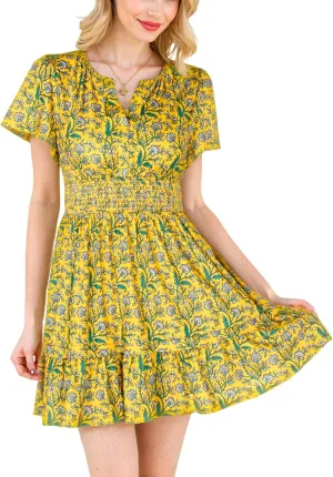 VETIOR Somerset Mini Dress Teens Friendly Womens Elastic Smocked Waist Henley Neck with Ruffled Sleeves and Pockets