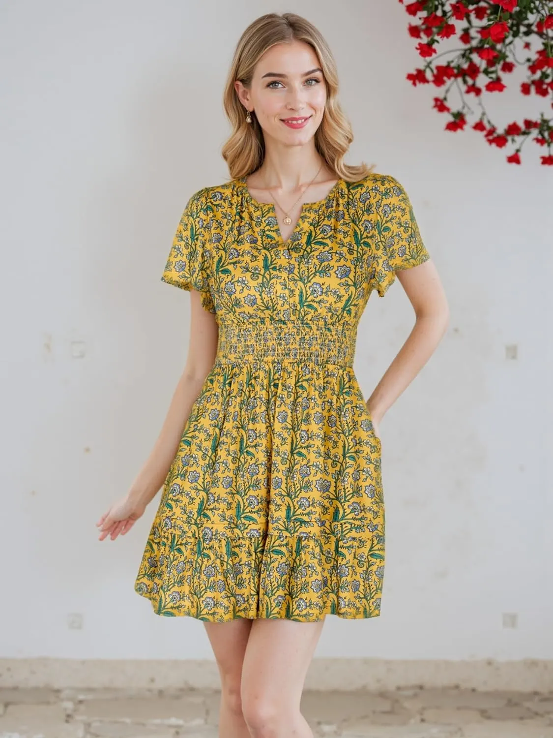 VETIOR Somerset Mini Dress Teens Friendly Womens Elastic Smocked Waist Henley Neck with Ruffled Sleeves and Pockets