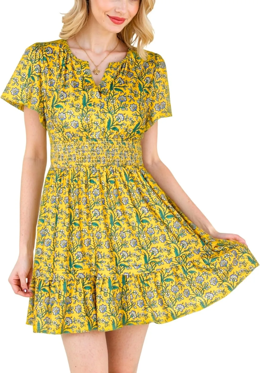 VETIOR Somerset Mini Dress Teens Friendly Womens Elastic Smocked Waist Henley Neck with Ruffled Sleeves and Pockets