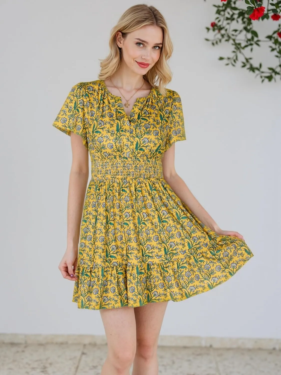 VETIOR Somerset Mini Dress Teens Friendly Womens Elastic Smocked Waist Henley Neck with Ruffled Sleeves and Pockets