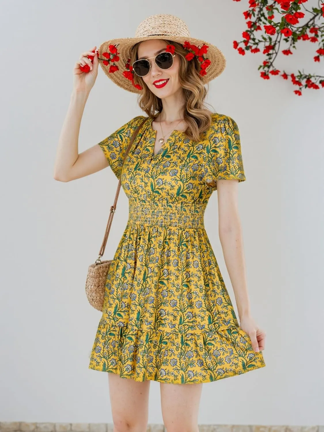 VETIOR Somerset Mini Dress Teens Friendly Womens Elastic Smocked Waist Henley Neck with Ruffled Sleeves and Pockets