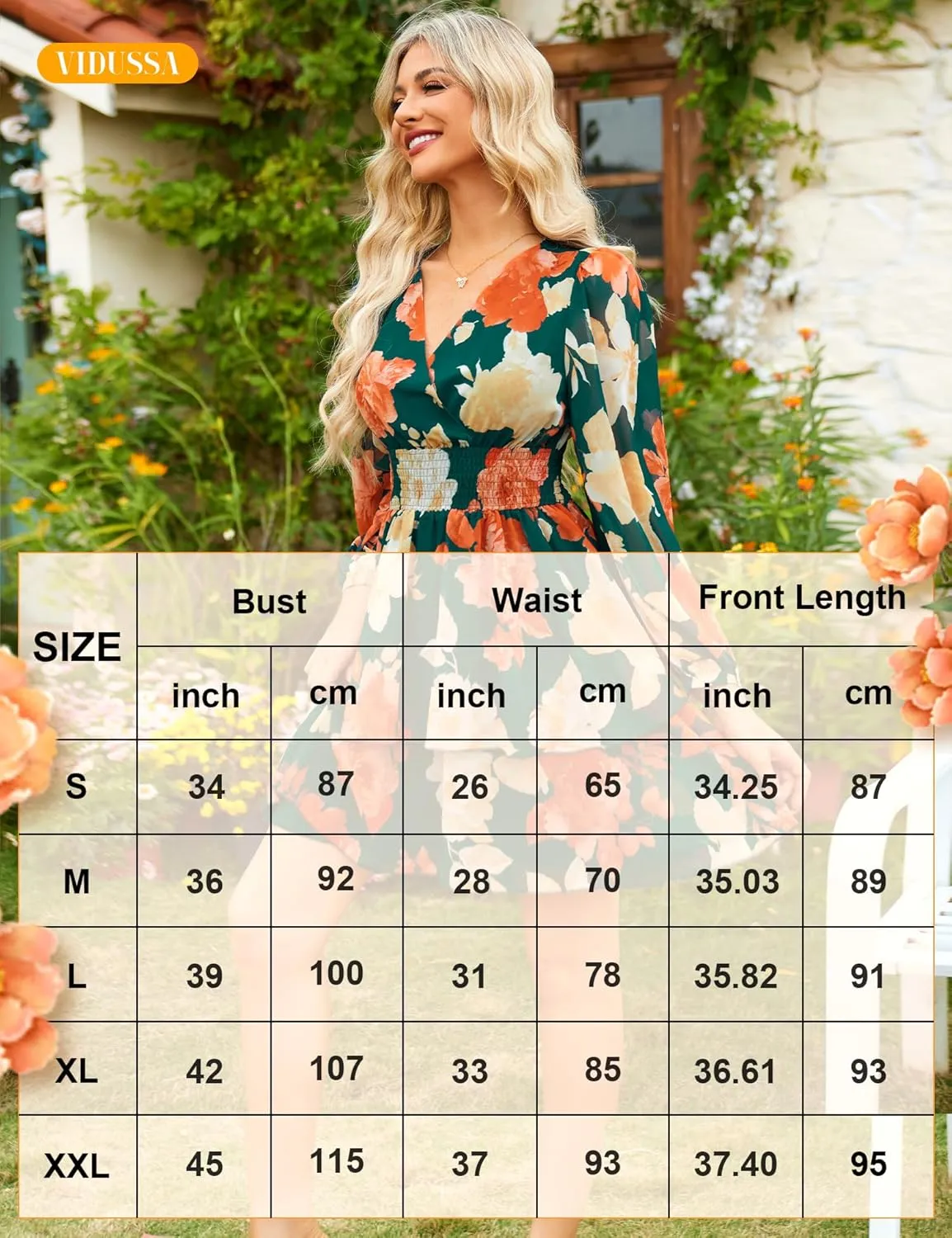 VIDUSSA Women's Floral Print V-Neck Mini Dress Chiffon Long Sleeve Ruffle Layer Skater Swing Flowy Wrap Smocked Short Dresses
