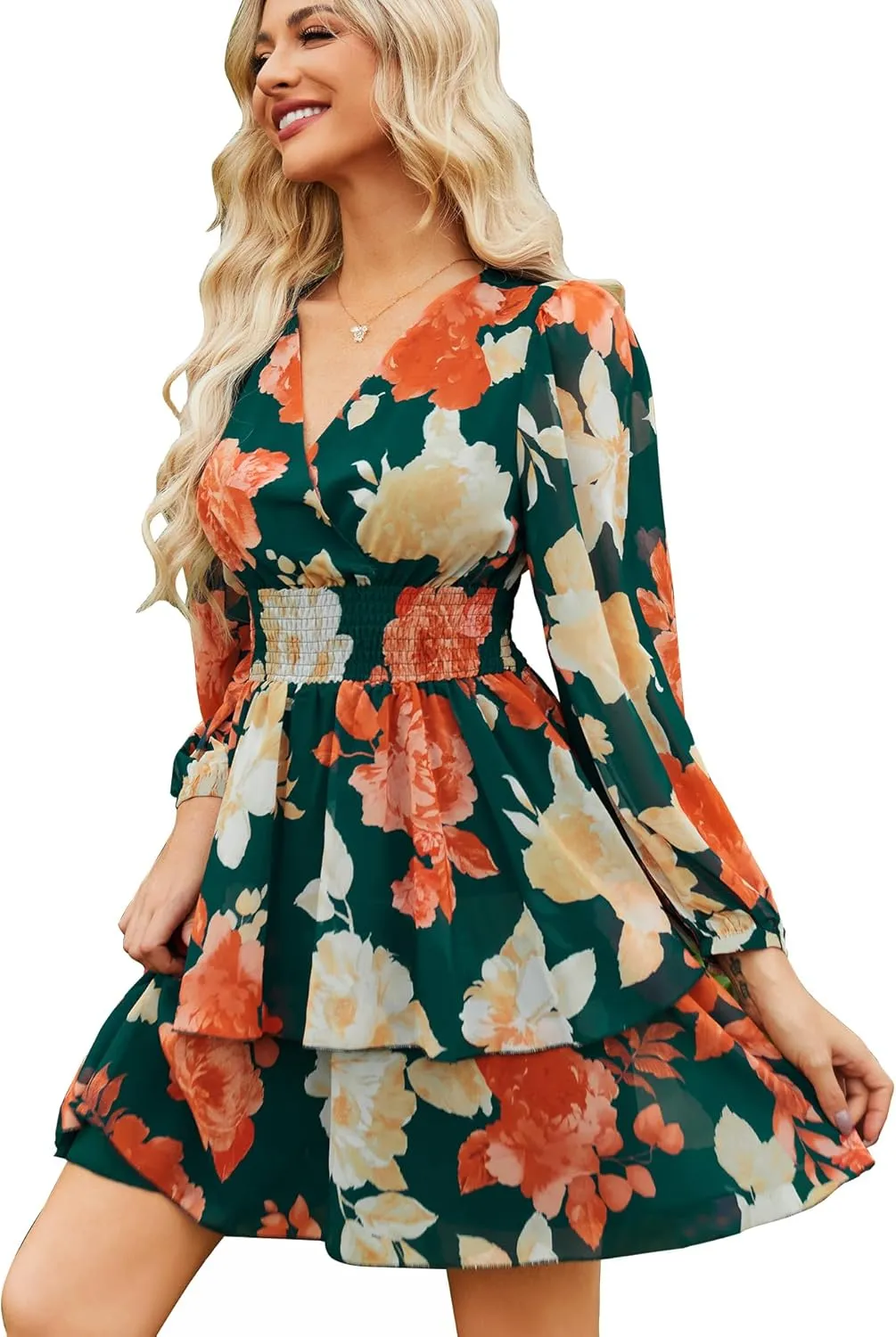 VIDUSSA Women's Floral Print V-Neck Mini Dress Chiffon Long Sleeve Ruffle Layer Skater Swing Flowy Wrap Smocked Short Dresses