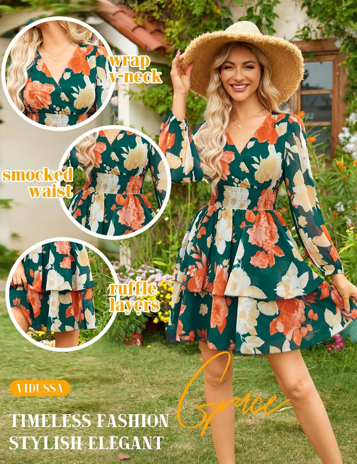 VIDUSSA Women's Floral Print V-Neck Mini Dress Chiffon Long Sleeve Ruffle Layer Skater Swing Flowy Wrap Smocked Short Dresses
