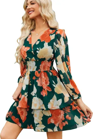 VIDUSSA Women's Floral Print V-Neck Mini Dress Chiffon Long Sleeve Ruffle Layer Skater Swing Flowy Wrap Smocked Short Dresses