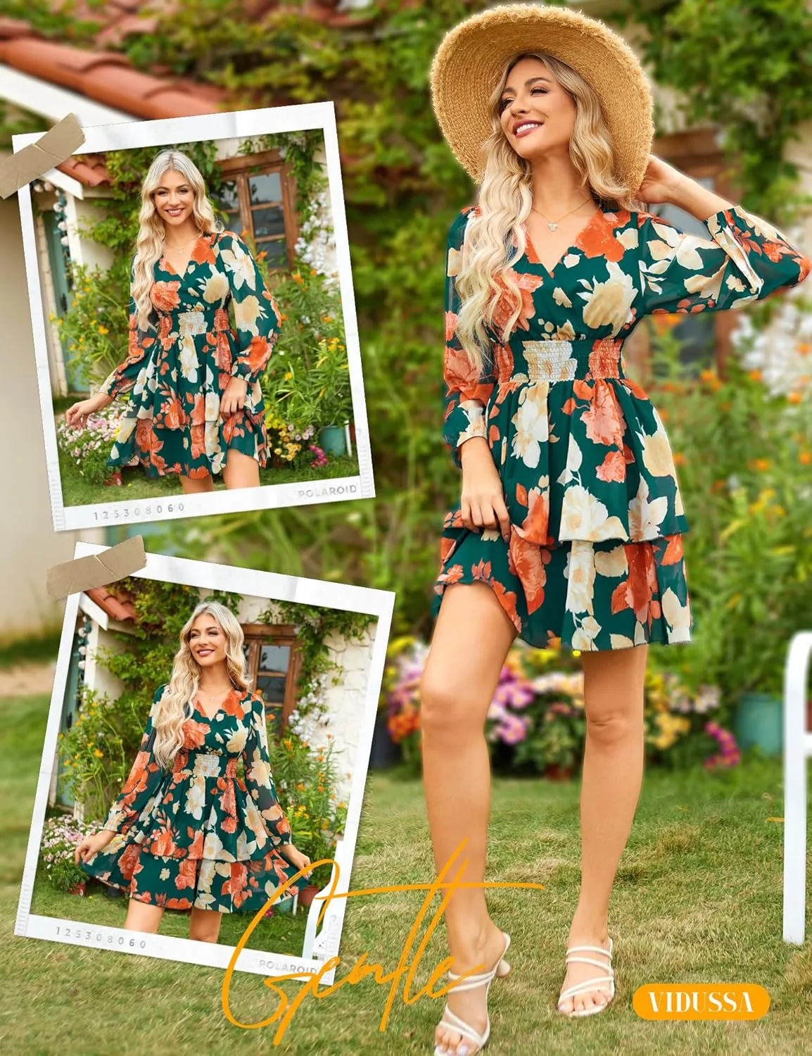 VIDUSSA Women's Floral Print V-Neck Mini Dress Chiffon Long Sleeve Ruffle Layer Skater Swing Flowy Wrap Smocked Short Dresses