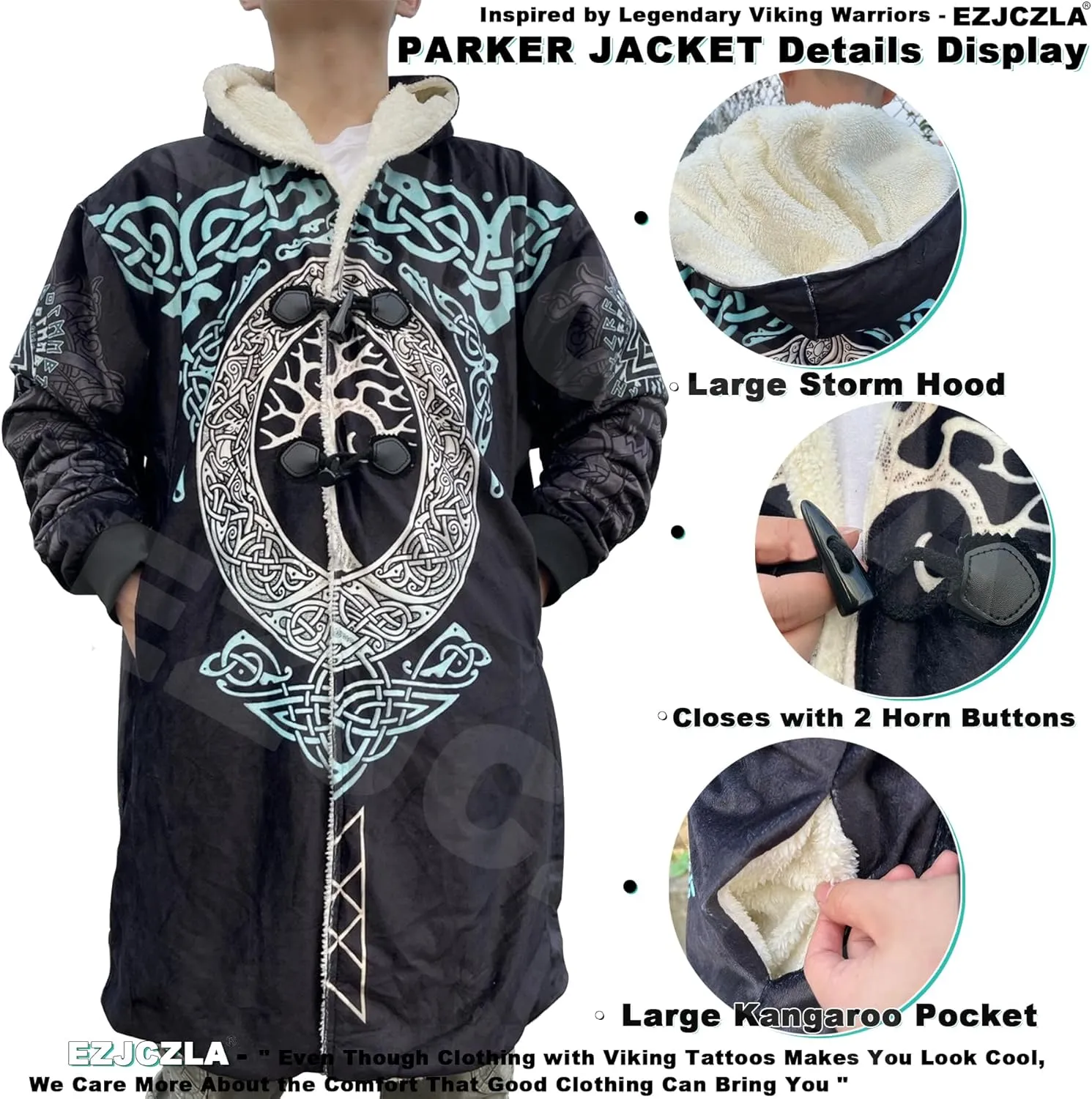 Viking Men's Fall Winter Lightweight Warm Jacket with Hood Norse Myth Fenrir Wolf Cloak Fashion Plus Size Sweater Coat