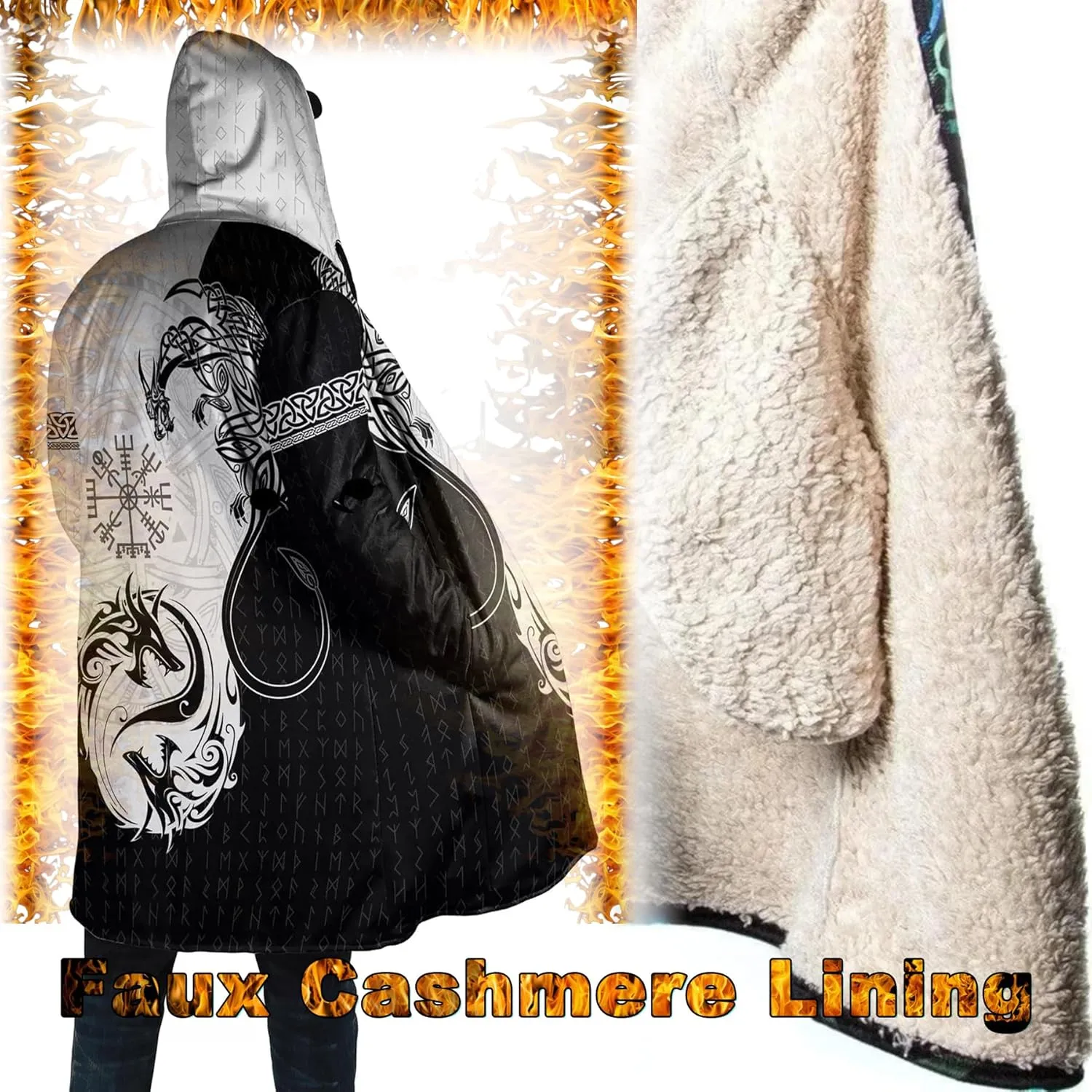 Viking Men's Fall Winter Lightweight Warm Jacket with Hood Norse Myth Fenrir Wolf Cloak Fashion Plus Size Sweater Coat