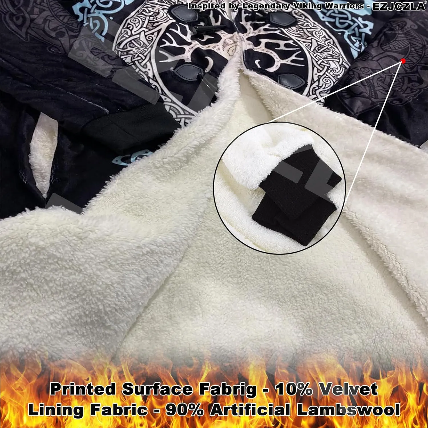 Viking Men's Fall Winter Lightweight Warm Jacket with Hood Norse Myth Fenrir Wolf Cloak Fashion Plus Size Sweater Coat