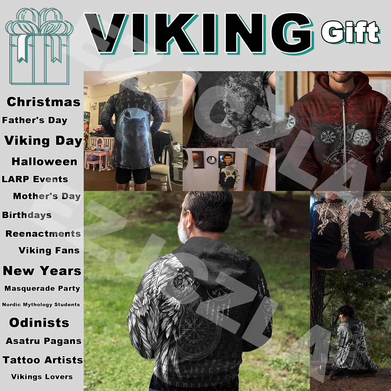 Viking Men's Fall Winter Lightweight Warm Jacket with Hood Norse Myth Fenrir Wolf Cloak Fashion Plus Size Sweater Coat