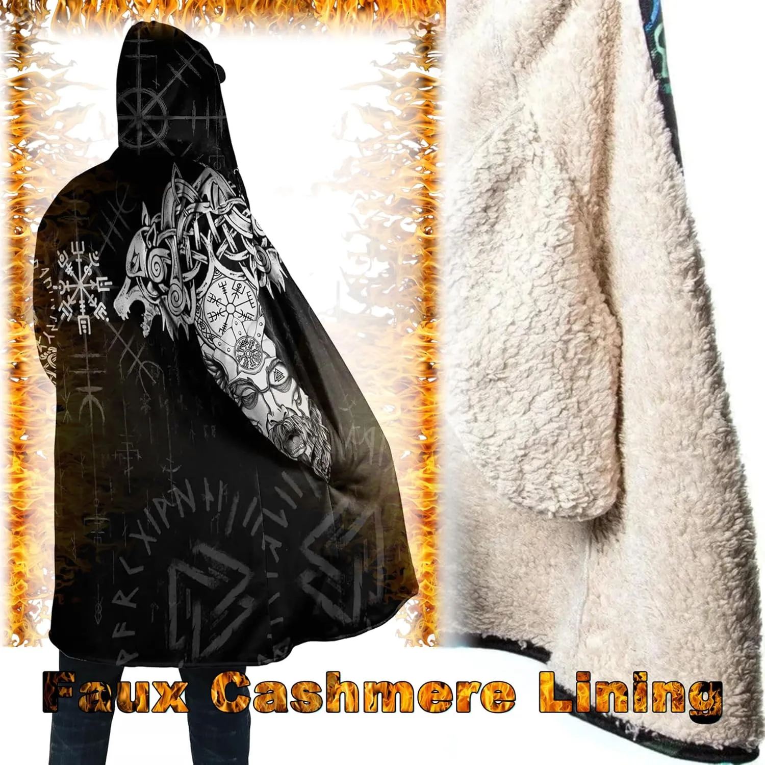 Viking Men's Fall Winter Lightweight Warm Jacket with Hood Norse Myth Fenrir Wolf Cloak Fashion Plus Size Sweater Coat